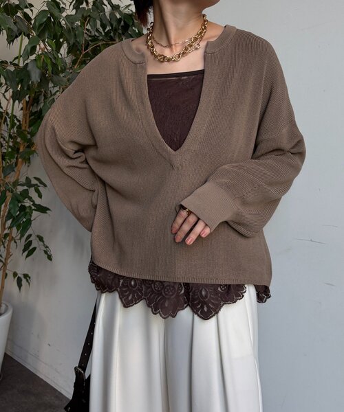 DouDou（ドゥドゥ）の「スキッパープルオーバー（ニット/セーター・レディース・モカ/ベージュ/チャコールグレー・FREE）」の2枚目の写真