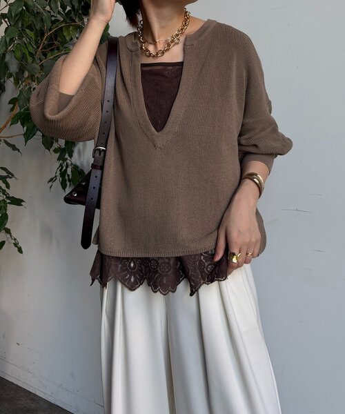 DouDou（ドゥドゥ）の「スキッパープルオーバー（ニット/セーター・レディース・モカ/ベージュ/チャコールグレー・FREE）」の19枚目の写真