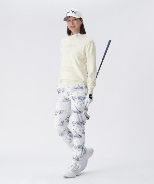 【ネイビー】エンボス加工ウールライククルーネックニットプルオーバー <LADIES LINE> (LADIES) セール】【PING APPAREL】エンボス加工ウールライククルーネックニット