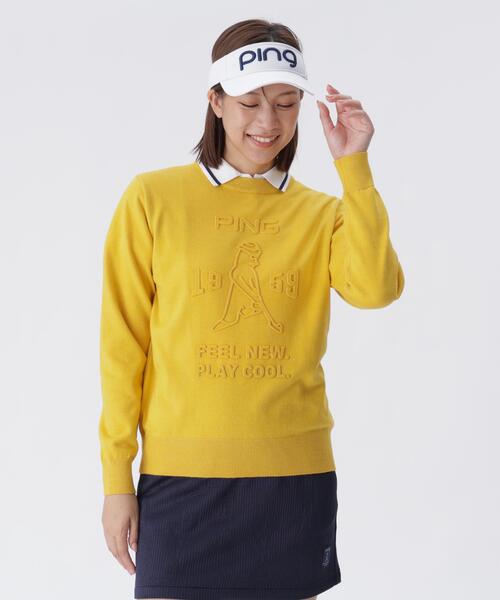 【ネイビー】エンボス加工ウールライククルーネックニットプルオーバー <LADIES LINE> (LADIES) セール】【PING APPAREL】エンボス加工ウールライククルーネックニット