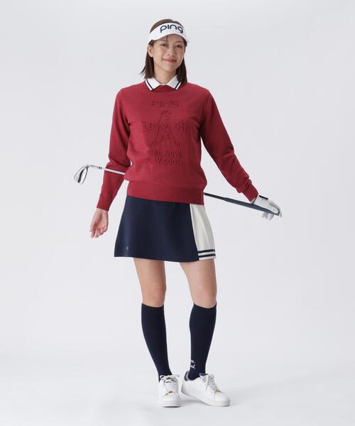 【ホワイト】エンボス加工ウールライククルーネックニットプルオーバー <LADIES LINE> (LADIES) セール】【PING APPAREL】エンボス加工ウールライククルーネックニット