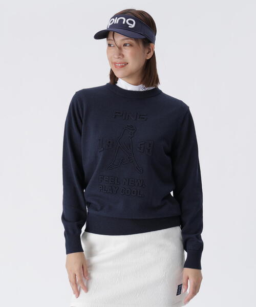 【ホワイト】エンボス加工ウールライククルーネックニットプルオーバー <LADIES LINE> (LADIES) セール】【PING APPAREL】エンボス加工ウールライククルーネックニット