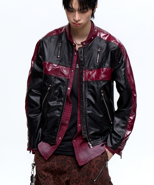 WRINKLE LEATHER BIKER JACKET - BLACK/WINE