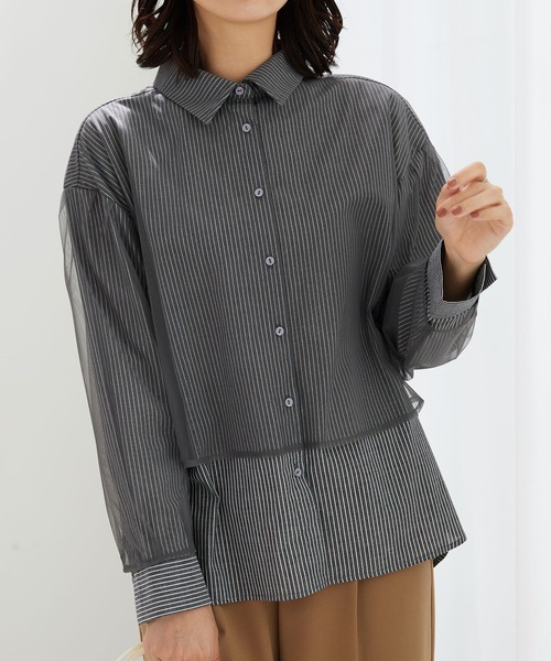 BELLUNA PLUS（ベルーナ）の「華やぎチュール重ねシャツブラウス（シャツ/ブラウス・レディース・ブルー系/イエロー/グレー系・LARGE/X-LARGE/MEDIUM）」の2枚目の写真
