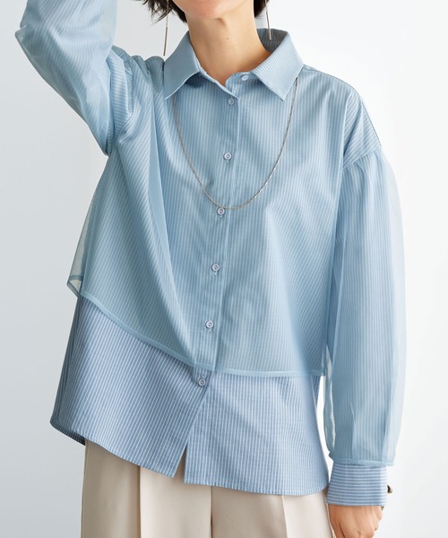 BELLUNA PLUS（ベルーナ）の「華やぎチュール重ねシャツブラウス（シャツ/ブラウス・レディース・ブルー系/イエロー/グレー系・LARGE/X-LARGE/MEDIUM）」の3枚目の写真