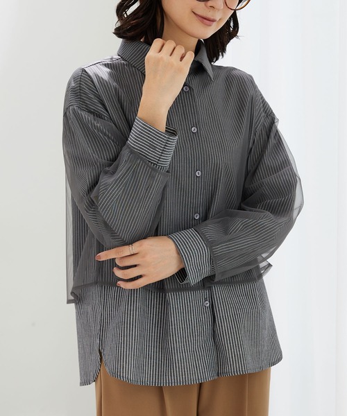 BELLUNA PLUS（ベルーナ）の「華やぎチュール重ねシャツブラウス（シャツ/ブラウス・レディース・ブルー系/イエロー/グレー系・LARGE/X-LARGE/MEDIUM）」の7枚目の写真