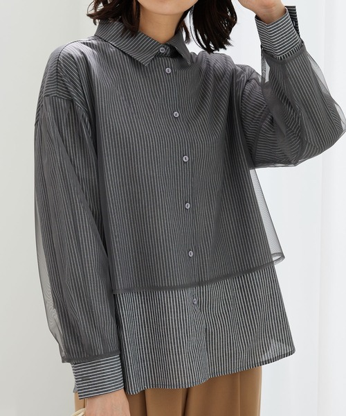 BELLUNA PLUS（ベルーナ）の「華やぎチュール重ねシャツブラウス（シャツ/ブラウス・レディース・ブルー系/イエロー/グレー系・LARGE/X-LARGE/MEDIUM）」の8枚目の写真