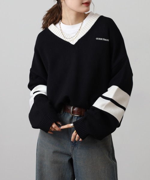 GUESS JEANS(ゲスジーンズ)の「GUESS JEANS ウール Vネックニットセーター(ニット/セーター・レディース・ブラック/クリーム・XS/S/M/L)」の3枚目の写真