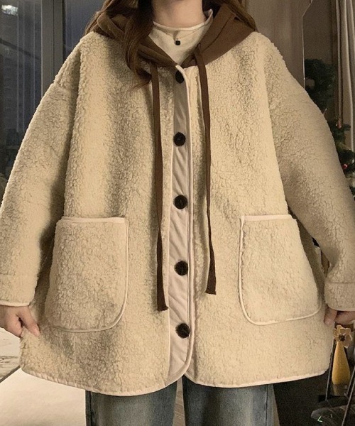 Ritzy(リッツィー)の「帽子切り替え フェイクムートンコート(ムートンコート・レディース・ベージュ/ブラウン/ブラック・M/L)」の7枚目の写真