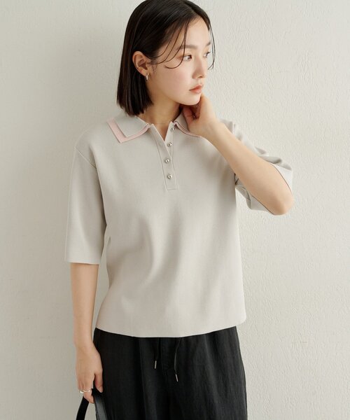 Omekashi（オメカシ）の「バイカラーポロニット（ニット/セーター・レディース・グレー/オフホワイト/ブラック・FREE）」の3枚目の写真