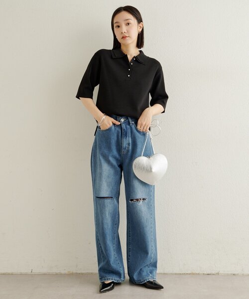 Omekashi（オメカシ）の「バイカラーポロニット（ニット/セーター・レディース・グレー/オフホワイト/ブラック・FREE）」の5枚目の写真