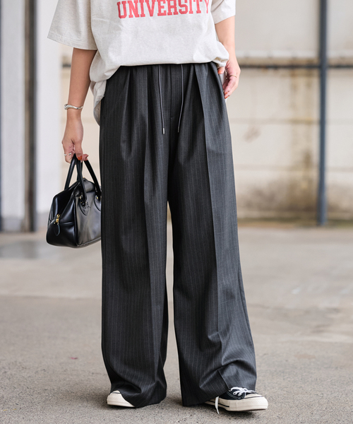 FRAMeWORK（フレームワーク）の「TWストライプワイドパンツ（スラックス・レディース・チャコールグレー/ネイビー・36/38）」の5枚目の写真