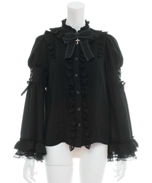 Secret Honey(シークレットハニー)の「フレア袖スタンドカラーブラウス(シャツ/ブラウス・レディース・ブラック/オフホワイト/グレー・MEDIUM)」の12枚目の写真