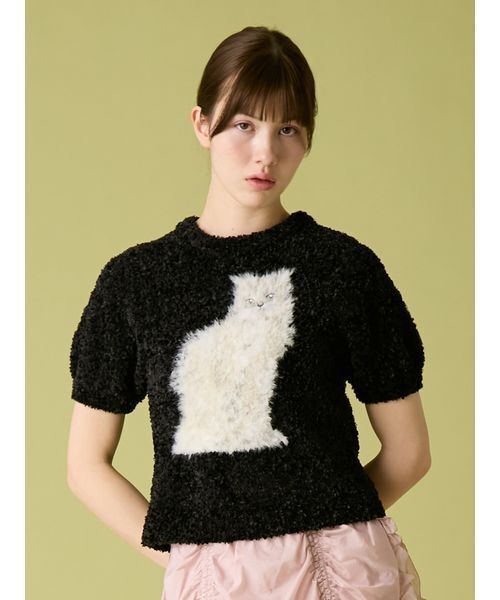 FURFUR(ファーファー)の「【WEB・一部店舗限定カラー】キャットモチーフジャガードニットトップス(ニット/セーター・レディース・ブラック/サックスブルー/ホワイト/ピンク・F)」の2枚目の写真