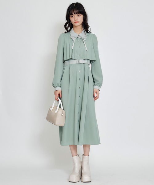 美品　ダイアグラム　ボウタイ　リボン　ドット　プリーツ　フレア　ロングワンピース フロントプリーツリボンタイフレアロングワンピース（ワンピース