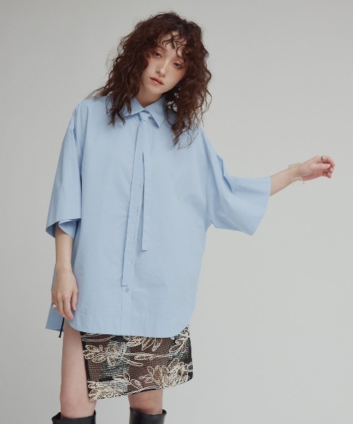 W:Huku(フーク)の「【W:Huku / スムースタッチコットン】ボウタイ ハーフ ブラウス/ 半袖 ハーフスリーブ / Smooth Touch Cotton Bow Tie Half Blouse(シャツ/ブラウス・レディース・ベージュ系その他/ブラック/スカイブルー/オフホワイト・FREE)」の4枚目の写真