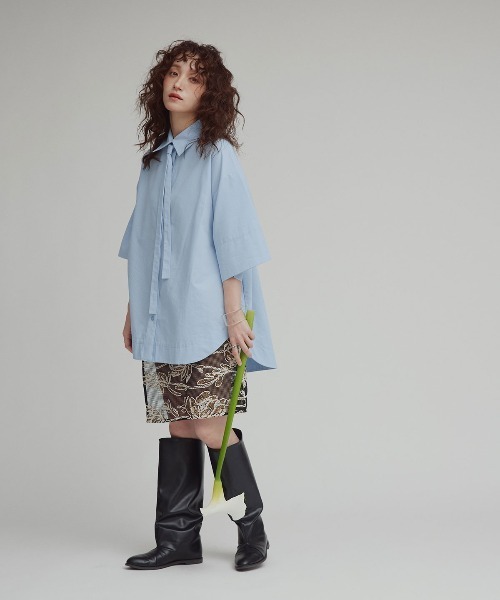W:Huku(フーク)の「【W:Huku / スムースタッチコットン】ボウタイ ハーフ ブラウス/ 半袖 ハーフスリーブ / Smooth Touch Cotton Bow Tie Half Blouse(シャツ/ブラウス・レディース・ベージュ系その他/ブラック/スカイブルー/オフホワイト・FREE)」の7枚目の写真