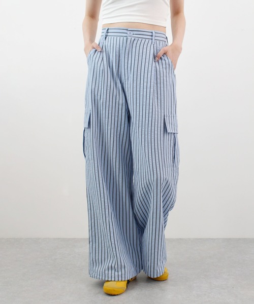 ABYS（アビス）の「【ドロスト付き】ポコポコ ストライプ カーゴパンツ（カーゴパンツ・レディース・ブルー/ピンク/ホワイト・MEDIUM/LARGE）」の3枚目の写真