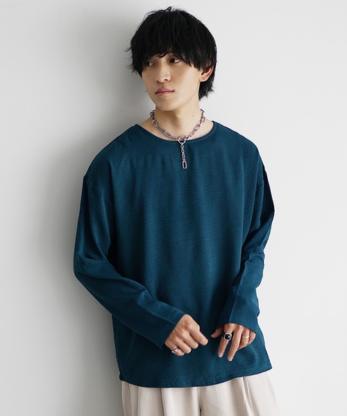 MinoriTY】立体シワ加工ボートネックロングTシャツ メンズ ロンT 長袖T