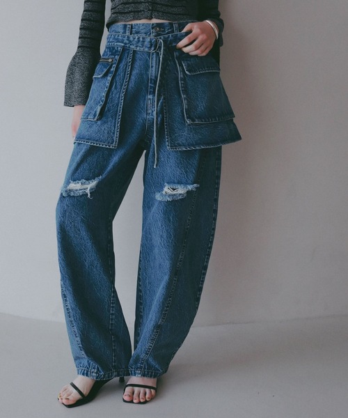 BAYFLOW（ベイフロー）の「【EF(エフ)】デニムボリュームパンツ（WOMEN）（デニムパンツ・レディース・インディゴブルー/グレー・FREE）」の2枚目の写真