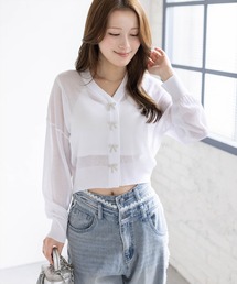 clear | リボンボタンVネックニットカーディガン[骨格ナチュラル ガーリー バレエコア](カーディガン/ボレロ)