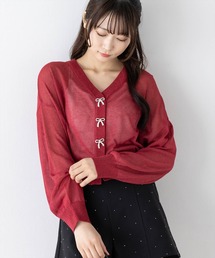 リボンボタンVネックニットカーディガン[骨格ナチュラル ガーリー バレエコア]