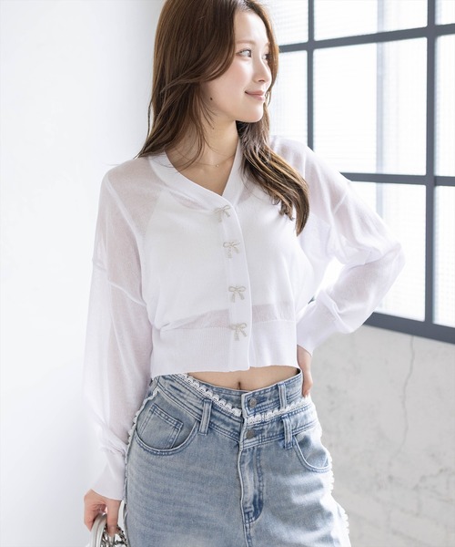 clear（クリア）の「リボンボタンVネックニットカーディガン[骨格ナチュラル ガーリー バレエコア]（カーディガン/ボレロ・レディース・チャコールグレー/オフホワイト/ピンク/グレー系その他・F）」の17枚目の写真