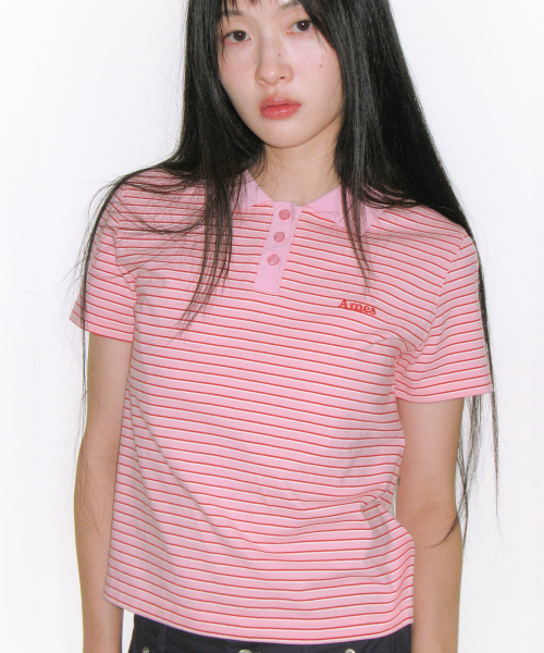 AMESWORLDWIDE(アメスワールドワイド)の「BASIC STRIPE COLLAR TEE PINK(Tシャツ/カットソー・レディース・その他・SMALL/MEDIUM/LARGE)」の1枚目の写真