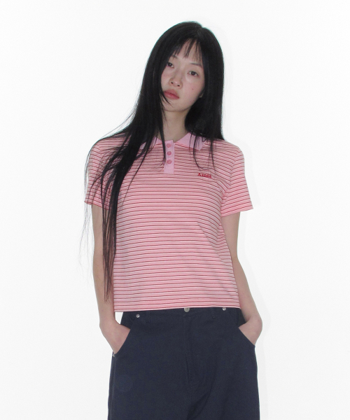 AMESWORLDWIDE(アメスワールドワイド)の「BASIC STRIPE COLLAR TEE PINK(Tシャツ/カットソー・レディース・その他・SMALL/MEDIUM/LARGE)」の2枚目の写真