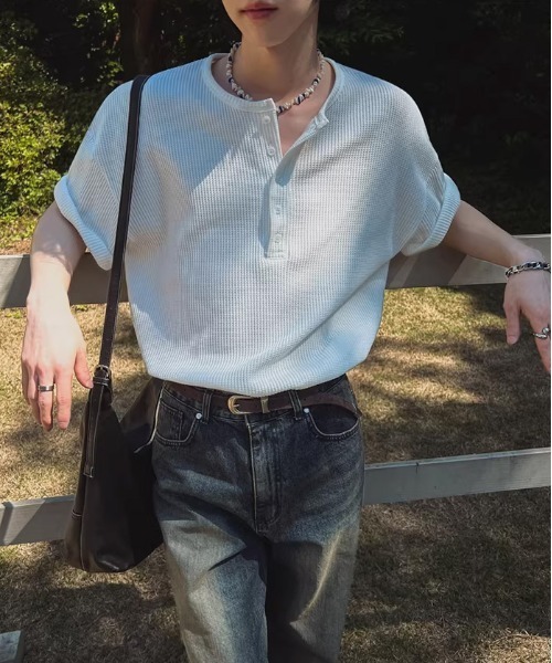 DOUBLE STEAL（ダブルスティール）の「DSワッフルヘンリーネックオーバーサイズ半袖Tシャツ（Tシャツ/カットソー・メンズ・ベージュ/ホワイト・X-LARGE/LARGE/MEDIUM）」の3枚目の写真