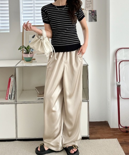 umune(ウムネ)の「サテンパンツ ラインパンツ イージーパンツ ウエストゴム ボトムス ストリート スポーティー カジュアル レディース(その他パンツ・レディース・ブラック/ベージュ/ブラウン・L/M)」の1枚目の写真