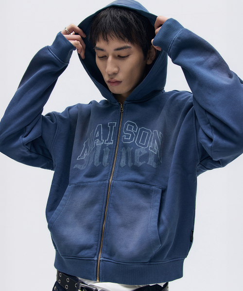 Washed crop hood zip‑up navy
