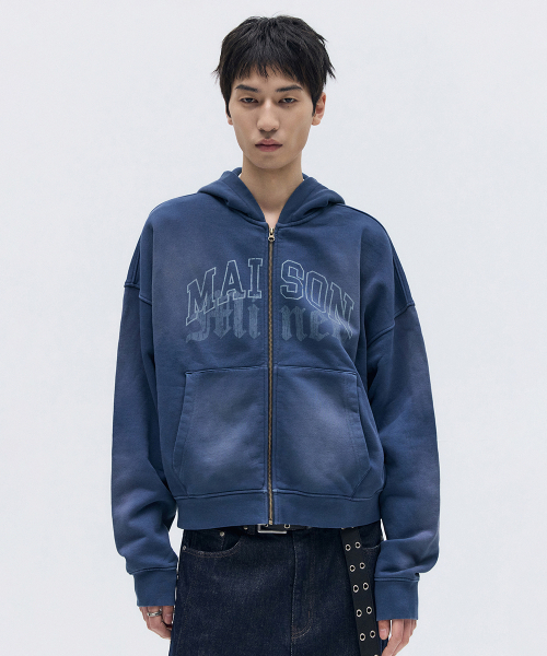 WASHED CROP HOOD ZIP-UP NAVY（パーカー）｜MAISON MINED