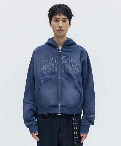 WASHED CROP HOOD ZIP-UP NAVY（パーカー）｜MAISON MINED