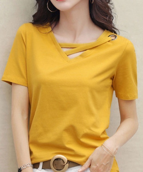 Flugge(フラッジー)の「フロント紐デザイン半袖カットソー(Tシャツ/カットソー・レディース・ブラック/グレー/ピンク/イエロー/ホワイト・FREE)」の7枚目の写真