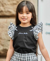 BeBe | 【お揃い】マドラスチェックサッカーフリル袖Tシャツ(90~150cm)(Tシャツ/カットソー)