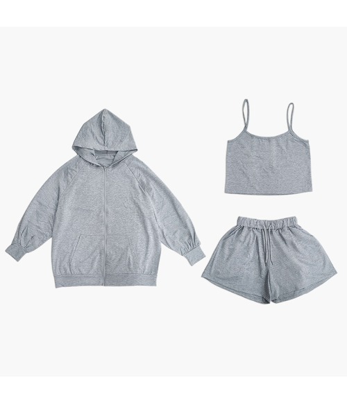 DAY CLOSET(デイ クローゼット)の「【ワンマイル対応/セットアップ/フード付き】長袖リブオーバーサイズジップパーカー+キャミソール+ショートパンツ 3点セット レディース(ルームウェア/パジャマ・レディース・ブラック/グレー・FREE)」の12枚目の写真