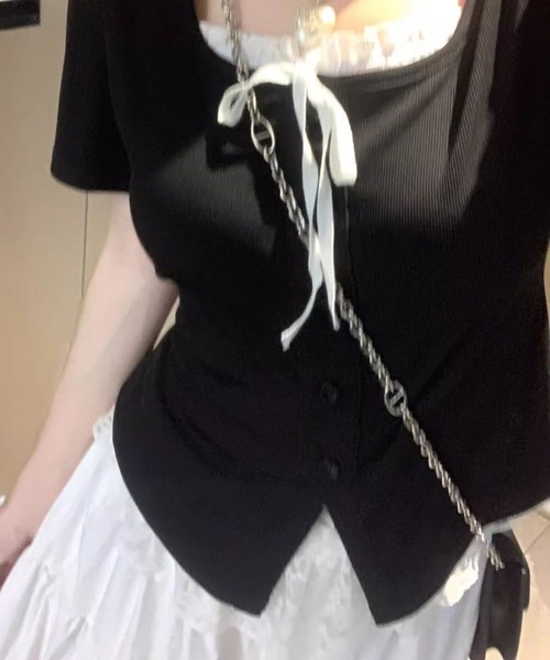 WESTSEA(ウエストシー)の「レースレイヤード風 リボンデザイン スクエアネック 半袖 リブトップス(Tシャツ/カットソー・レディース・ブラック/ピンク・M/L)」の7枚目の写真