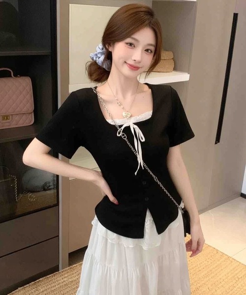 WESTSEA(ウエストシー)の「レースレイヤード風 リボンデザイン スクエアネック 半袖 リブトップス(Tシャツ/カットソー・レディース・ブラック/ピンク・M/L)」の6枚目の写真