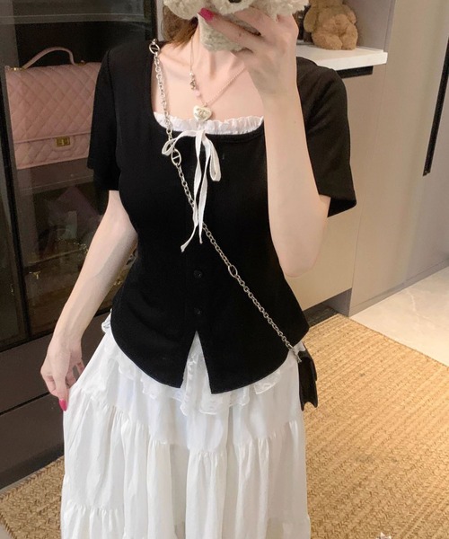 WESTSEA(ウエストシー)の「レースレイヤード風 リボンデザイン スクエアネック 半袖 リブトップス(Tシャツ/カットソー・レディース・ブラック/ピンク・M/L)」の4枚目の写真