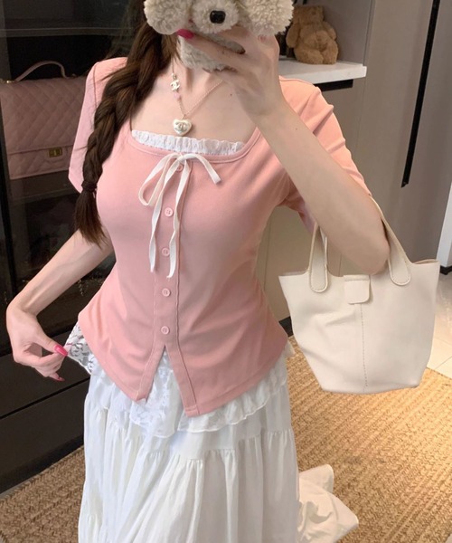 WESTSEA(ウエストシー)の「レースレイヤード風 リボンデザイン スクエアネック 半袖 リブトップス(Tシャツ/カットソー・レディース・ブラック/ピンク・M/L)」の8枚目の写真