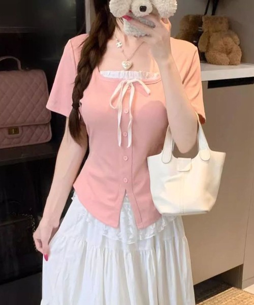 WESTSEA(ウエストシー)の「レースレイヤード風 リボンデザイン スクエアネック 半袖 リブトップス(Tシャツ/カットソー・レディース・ブラック/ピンク・M/L)」の9枚目の写真