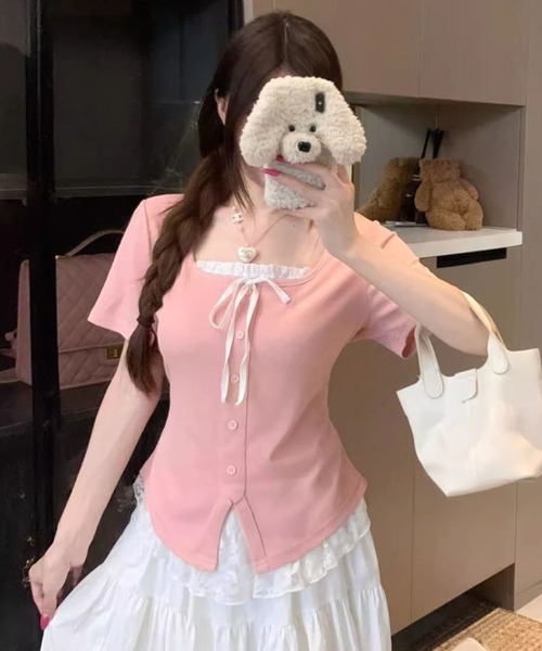 WESTSEA(ウエストシー)の「レースレイヤード風 リボンデザイン スクエアネック 半袖 リブトップス(Tシャツ/カットソー・レディース・ブラック/ピンク・M/L)」の10枚目の写真