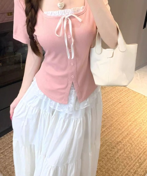WESTSEA(ウエストシー)の「レースレイヤード風 リボンデザイン スクエアネック 半袖 リブトップス(Tシャツ/カットソー・レディース・ブラック/ピンク・M/L)」の12枚目の写真