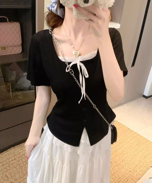 WESTSEA(ウエストシー)の「レースレイヤード風 リボンデザイン スクエアネック 半袖 リブトップス(Tシャツ/カットソー・レディース・ブラック/ピンク・M/L)」の3枚目の写真