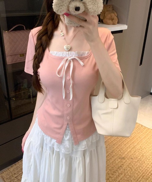 WESTSEA(ウエストシー)の「レースレイヤード風 リボンデザイン スクエアネック 半袖 リブトップス(Tシャツ/カットソー・レディース・ブラック/ピンク・M/L)」の11枚目の写真