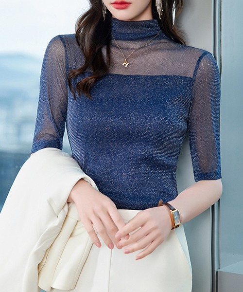 boemy(ボエミー)の「プチハイネック ラメシアーカットソー 五分袖(Tシャツ/カットソー・レディース・ブラック/ネイビー/ホワイト/ブラウン・L/M)」の4枚目の写真