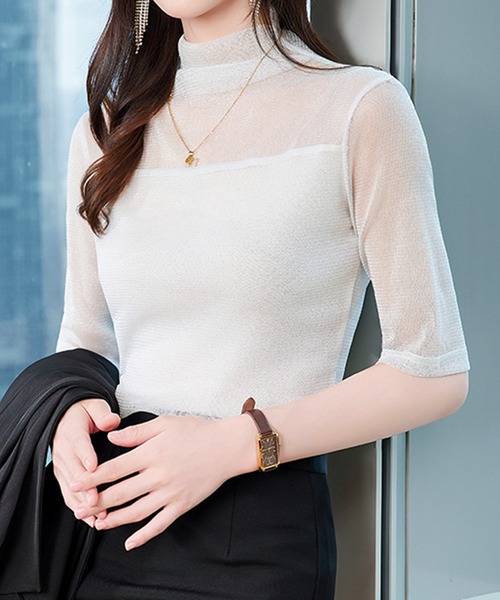 boemy(ボエミー)の「プチハイネック ラメシアーカットソー 五分袖(Tシャツ/カットソー・レディース・ブラック/ネイビー/ホワイト/ブラウン・L/M)」の2枚目の写真