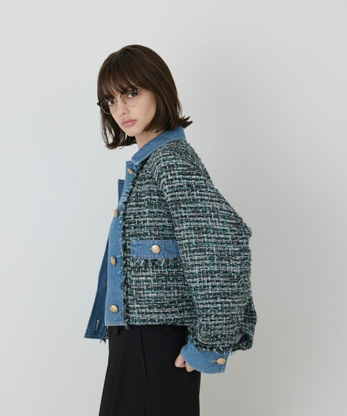 GRACE CONTINENTAL（グレースコンチネンタル）の「デニムコンビツイードジャケット（デニムジャケット・レディース・グリーン・36）」の9枚目の写真