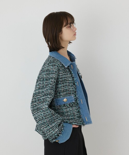 GRACE CONTINENTAL（グレースコンチネンタル）の「デニムコンビツイードジャケット（デニムジャケット・レディース・グリーン・36）」の7枚目の写真
